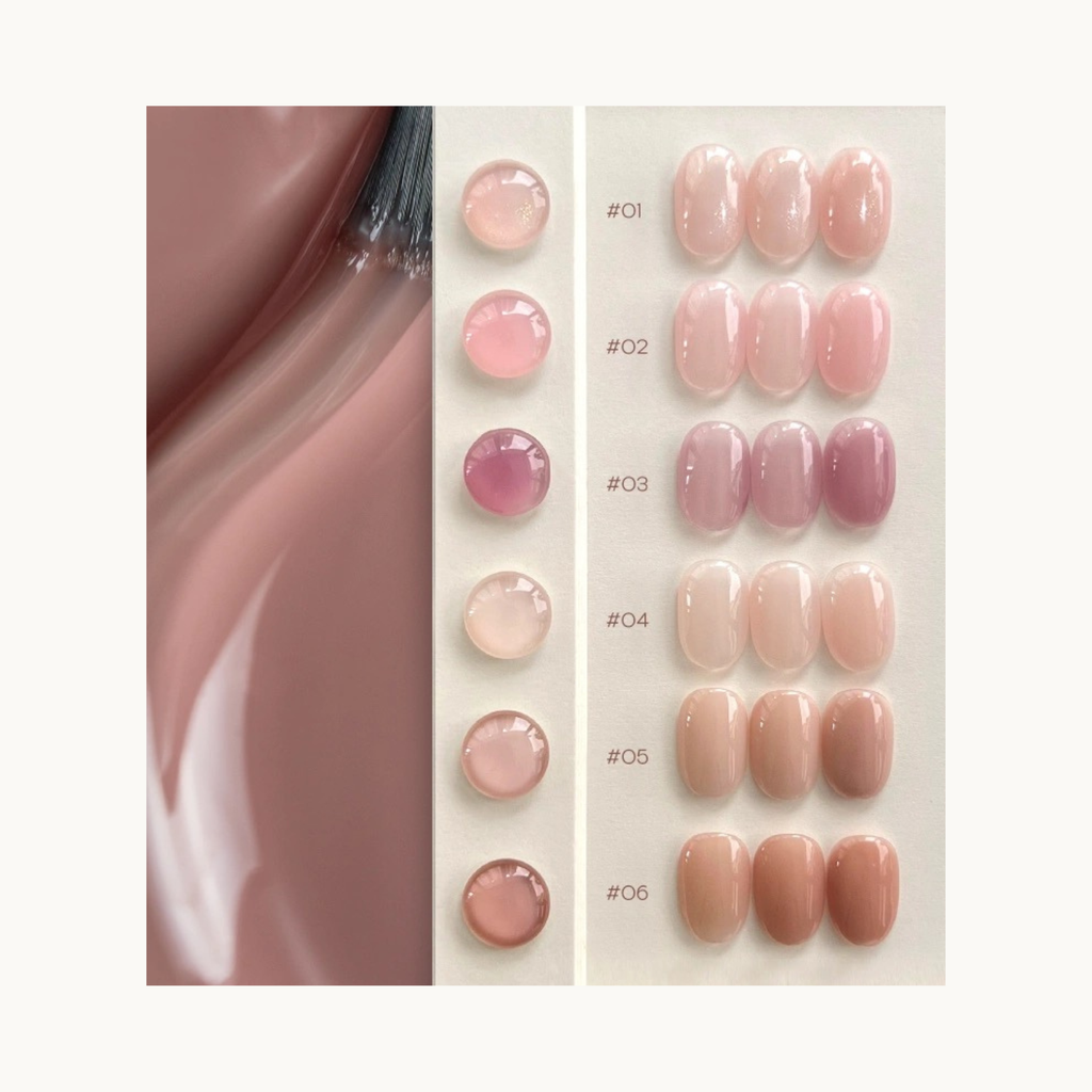 Close-up of MODING 3-in-1 builder gel texture on the left and six nude-pink sheer shade swatches on the right.