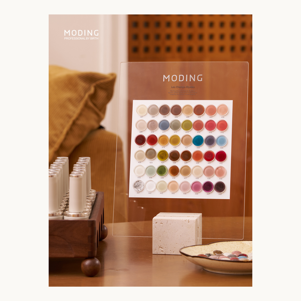 MODING 48-color gel polish swatch card showing neutral and autumn tones with HEMA-free TPO-free formula