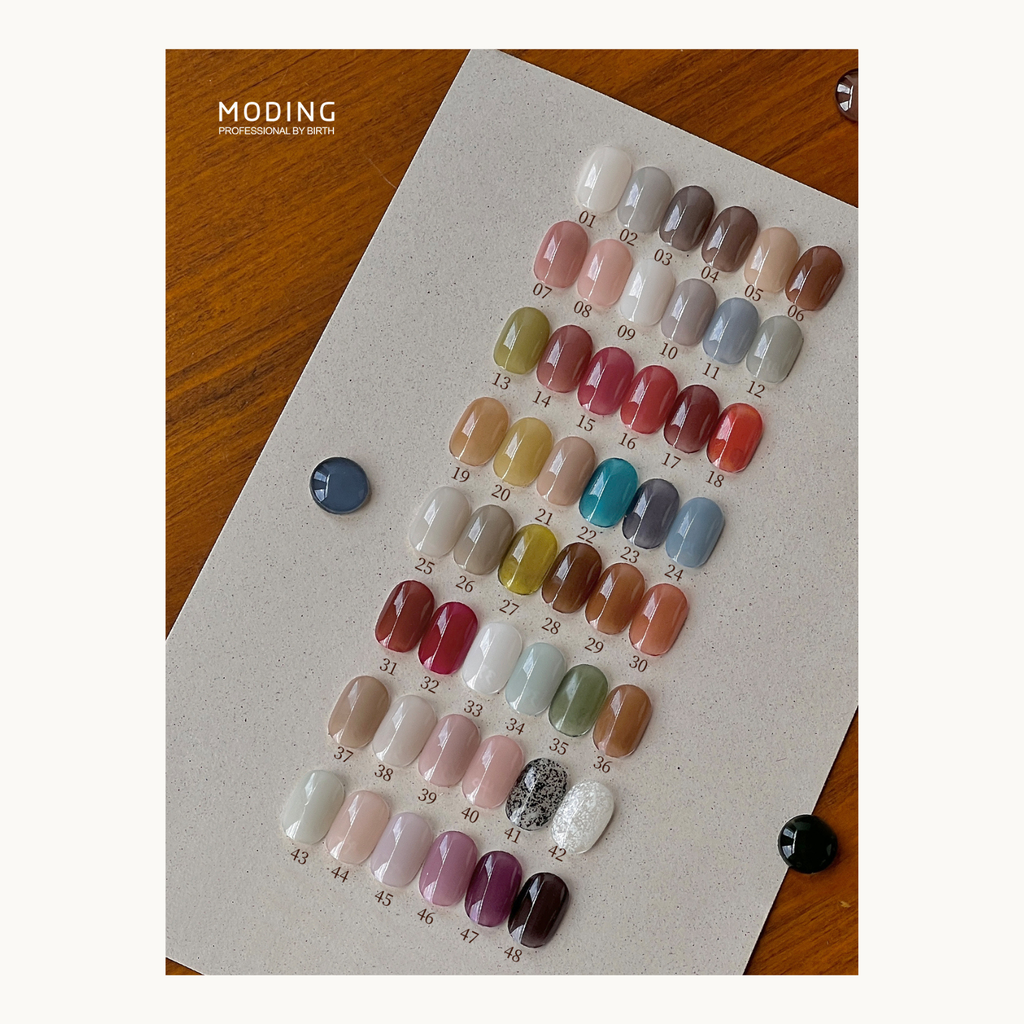 MODING full 48-color nail tip swatch sheet featuring semi-sheer autumn winter gel shades