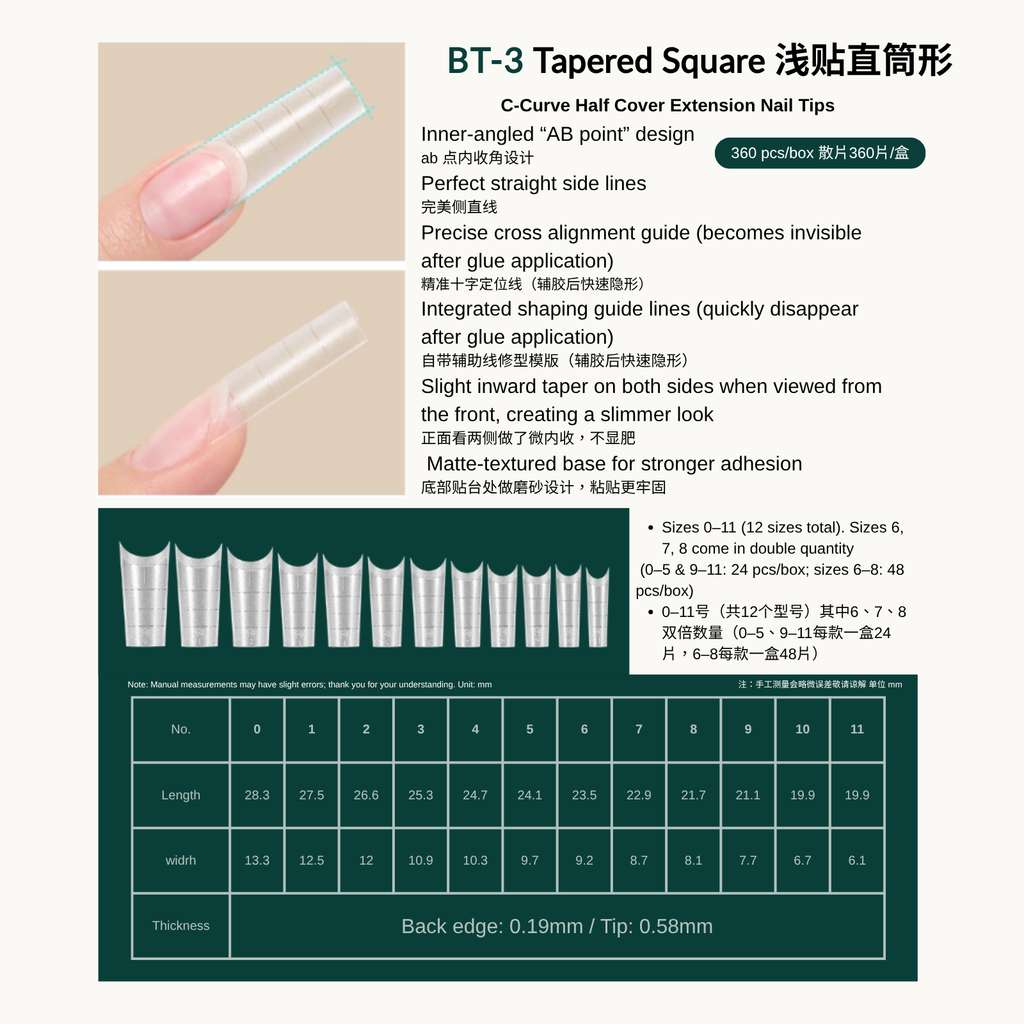 Size guide and measurements for MODING Tapered Square  nail tips in 12 sizes