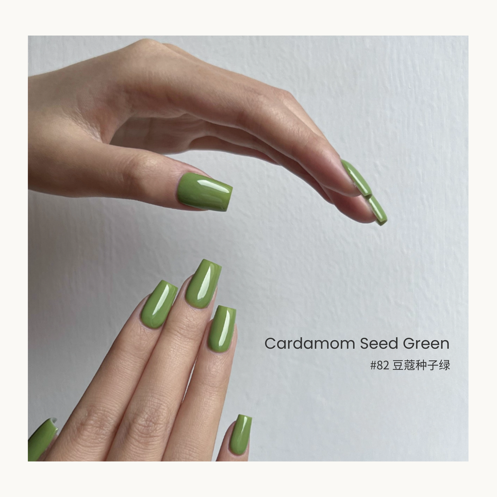 MODING Bottle Gel #082 Cardamom Seed Green — earthy muted green nail gel swatch