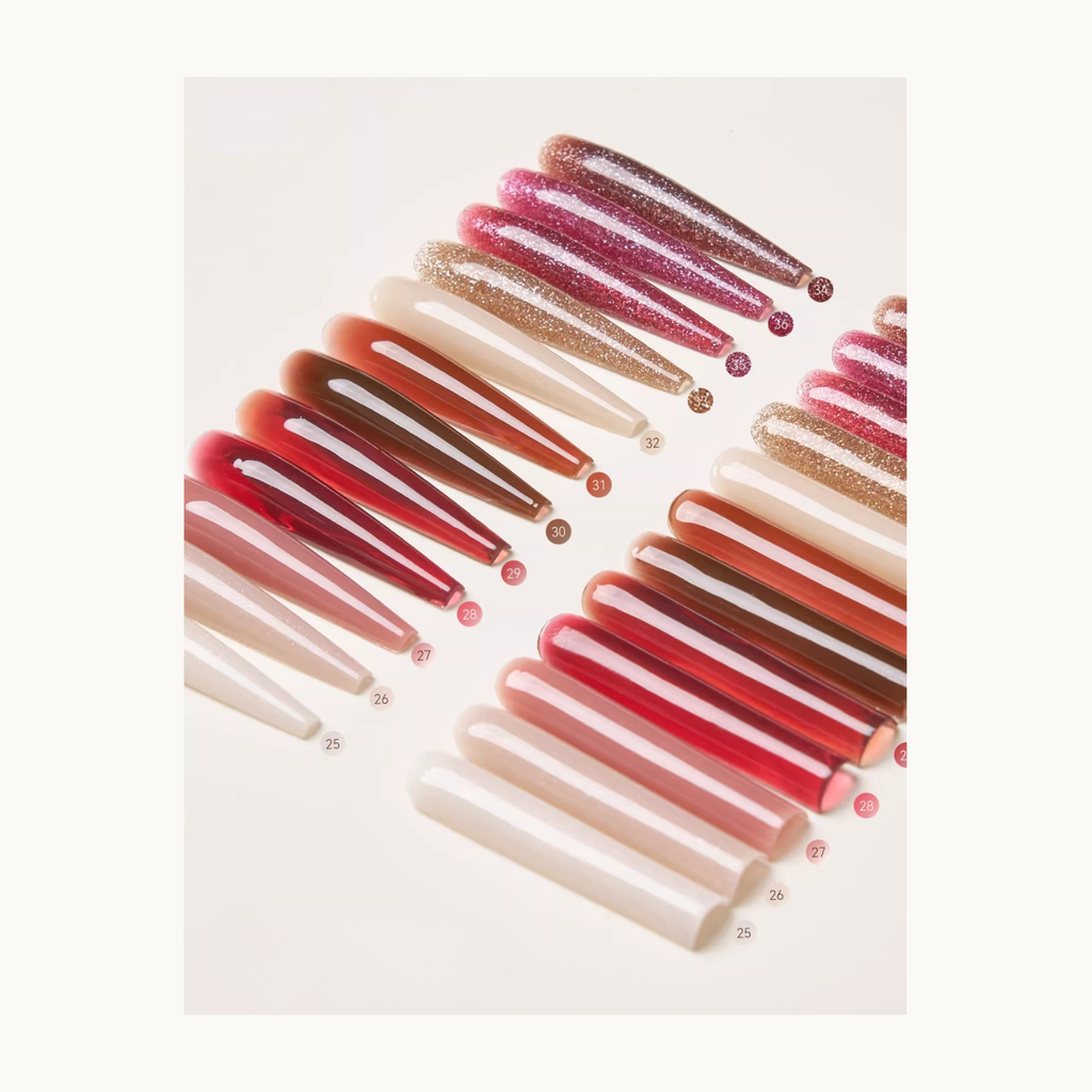 Full swatch collection of MODING Amber Glow Quick Builder Gel showing 12 gradient and glitter tones from #25 to #36.