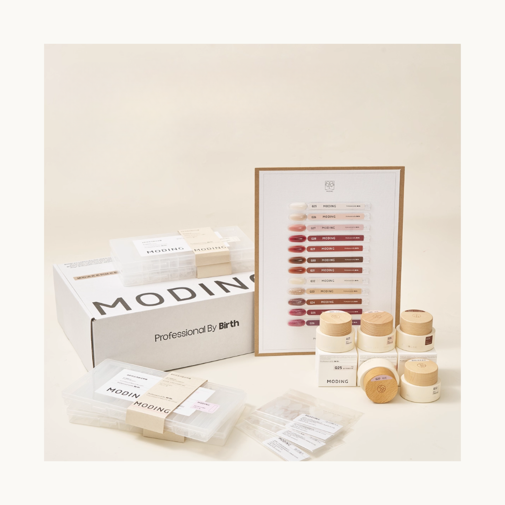 Complete MODING Quick Builder Gel 12-color extension kit including tips boxes, nail forms, color display board, and builder gel jars.