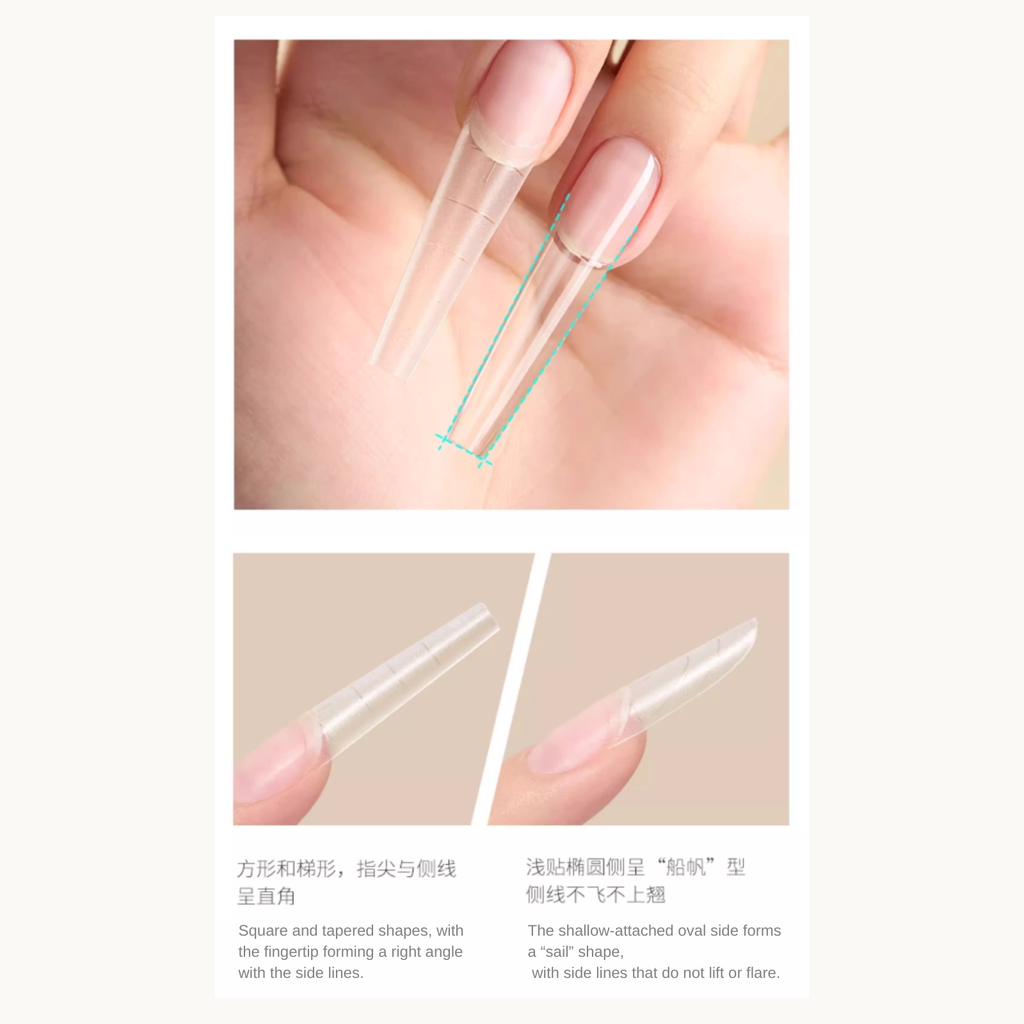Display of MODING long coffin nail tips showing square and tapered shapes after application