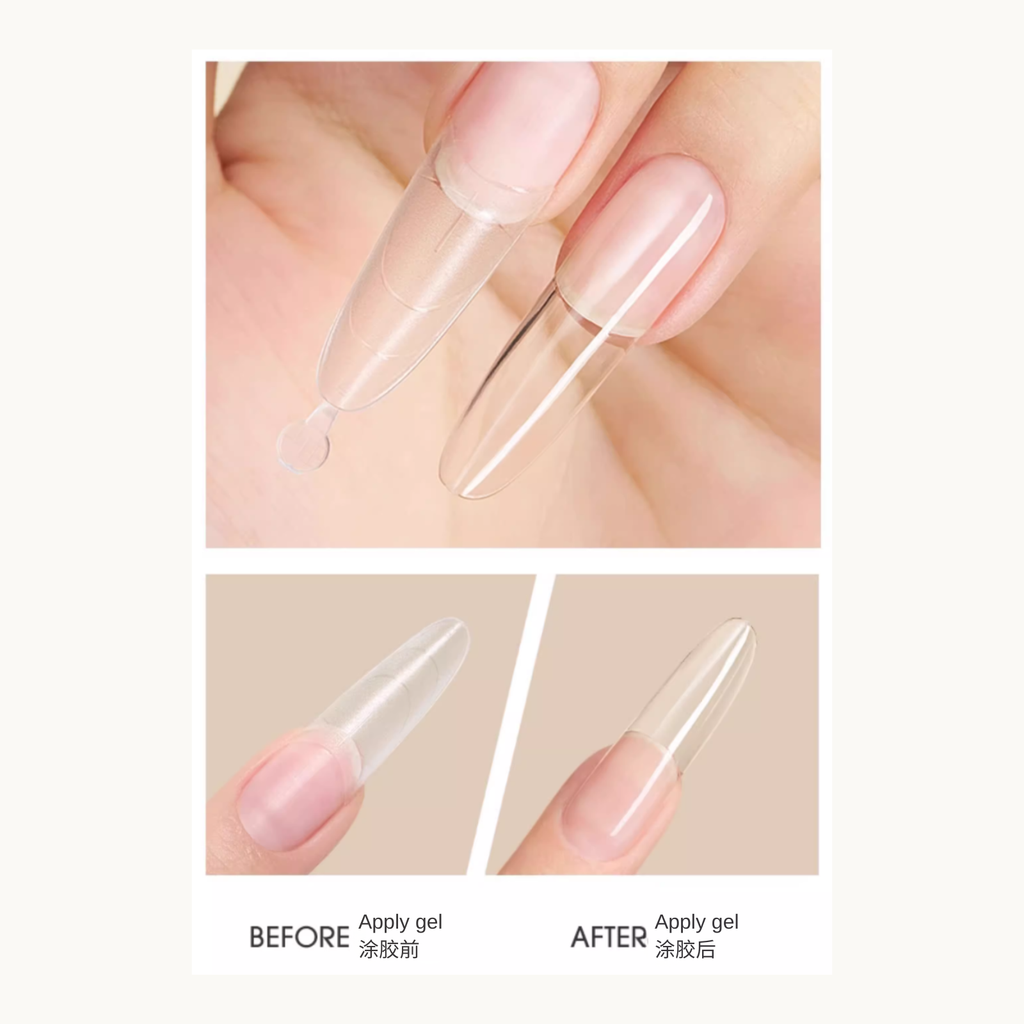 Before and after comparison of MODING long coffin nail tips with gel applied