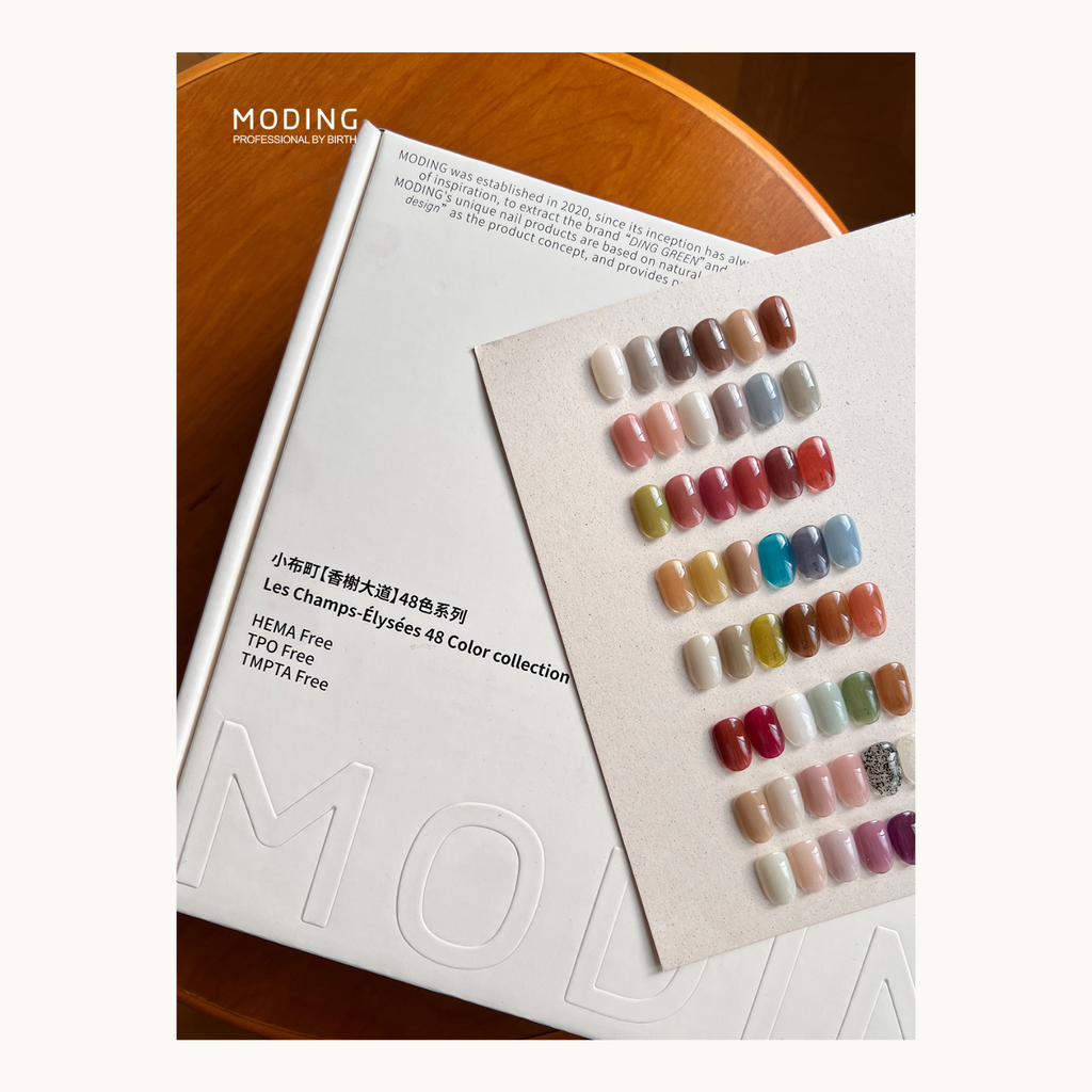 MODING acrylic color display featuring 48 semi-sheer fall winter gel polish shades