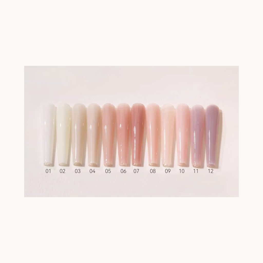 Twelve swatches of MODING fast-curing extension gel shown in a gradient of soft nude, blush, and natural tones.
