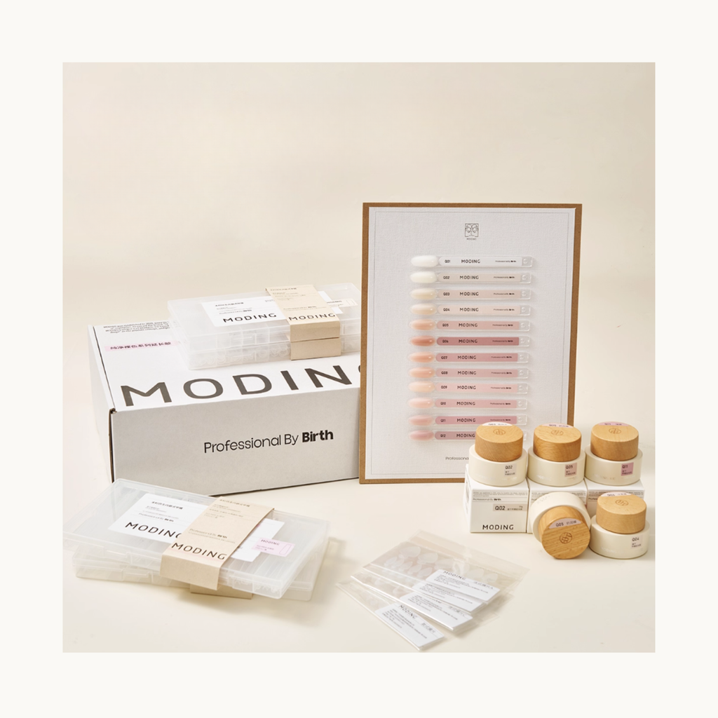 MODING fast-curing extension gel 12-color set displayed with color swatches, gel pots, and packaging on a soft beige background.