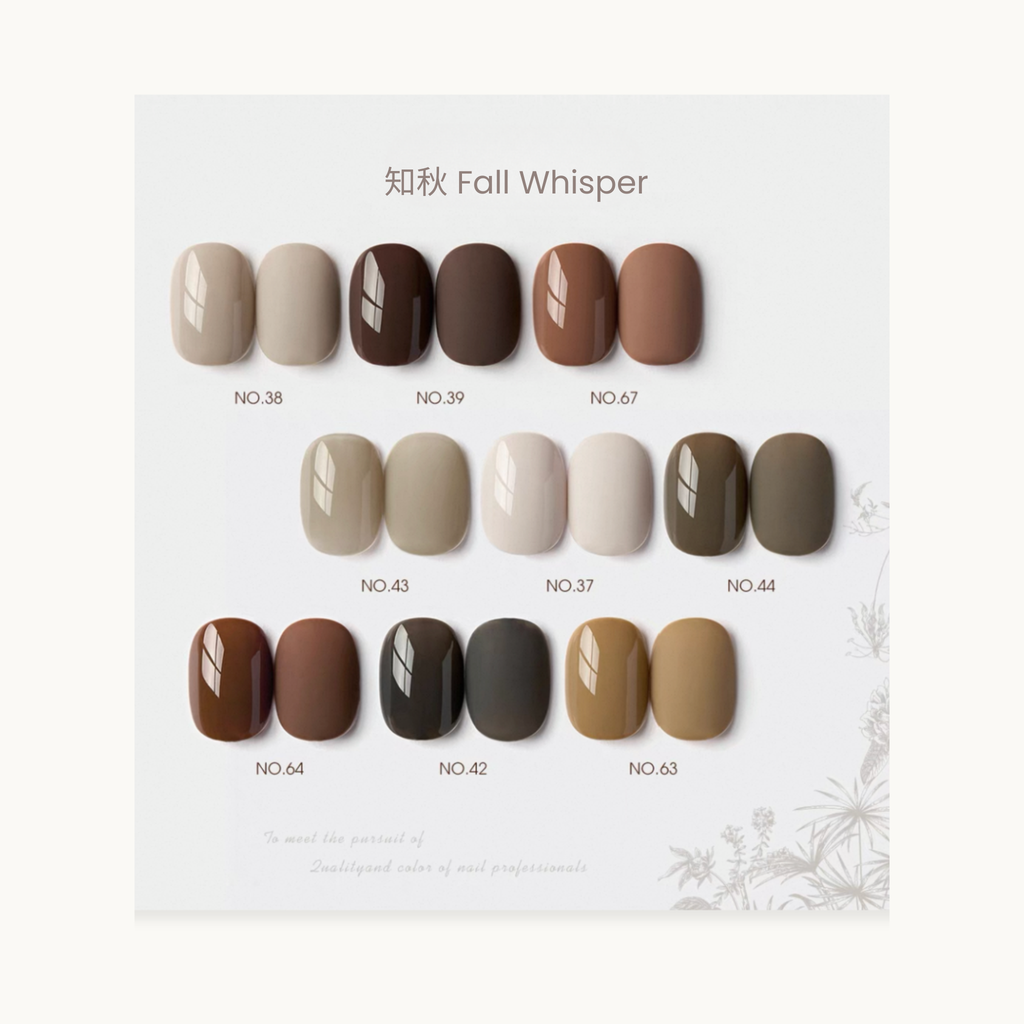 0-additive formula MODING “WÚ 無” Fall Whisper 9-Color Nail Swatches, rich warm browns, khakis, and greens inspired by autumn forests and coffee hues. Perfect for fall minimalist and neutral manicures.