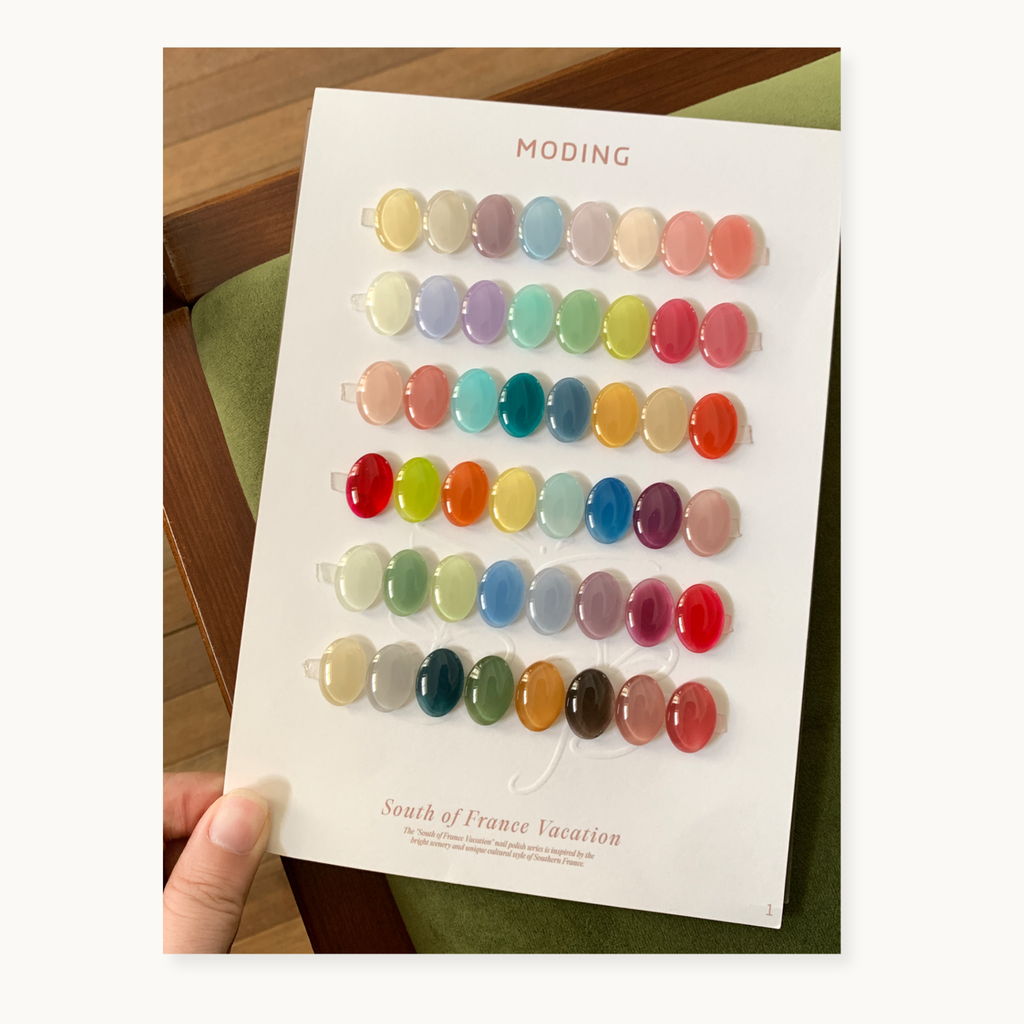 Full color chart of Moding French Collection nail gels showing 48 shades.