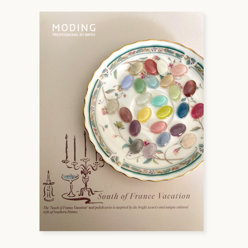 Lifestyle photo of the hema-free tpo free and tmpta-free gel brand  Moding French Collection – soft daylight, Mediterranean mood, clean aesthetic.