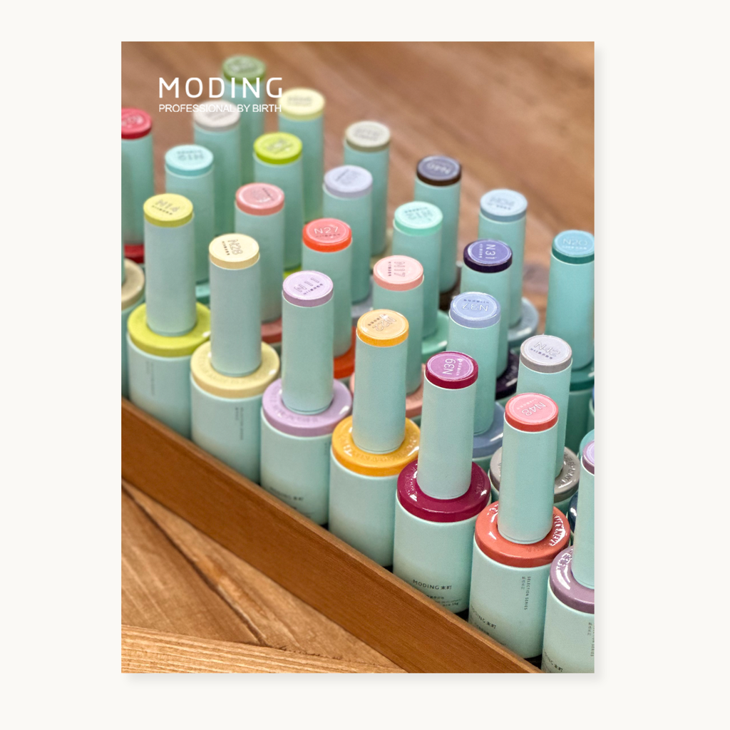Full lineup of the hema-free, tpo-free and tmpta-free  gel brand Moding South of France Vacation Collection nail gel pots in pastel
