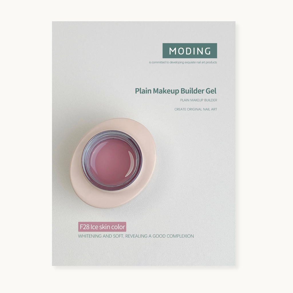 A small container of nude overlay gel for nail art, with a pinkish hue, labeled as 'Plain Makeup Builder Gel' from MODING.