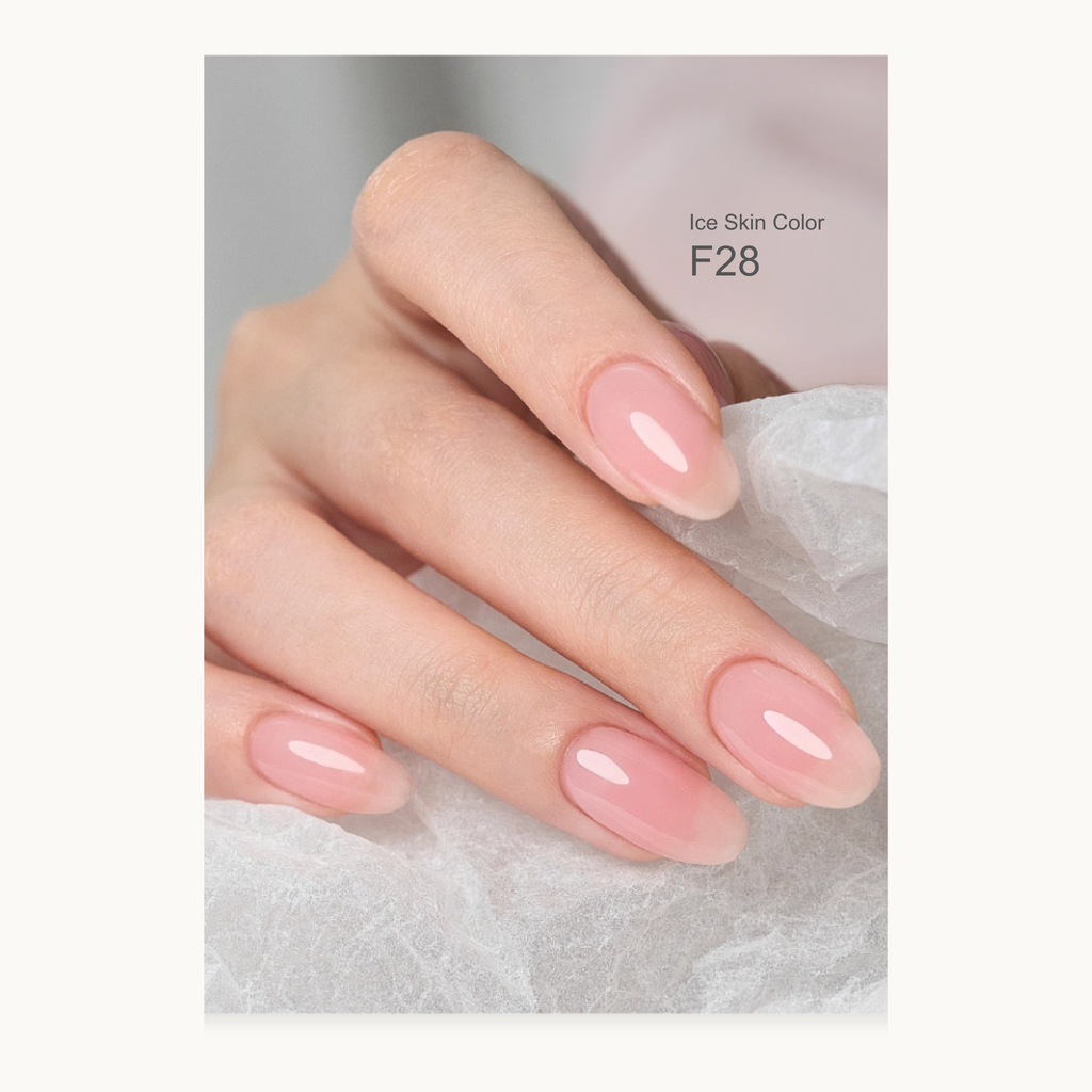 Hand with pink nail polish by MODING Nude Overlay Gel – F28 Ice Skin Color on a white background