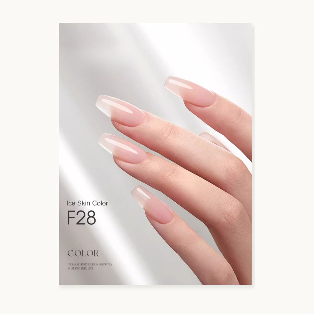 Nail color swatch with 'Ice Skin Color F28' on a white background