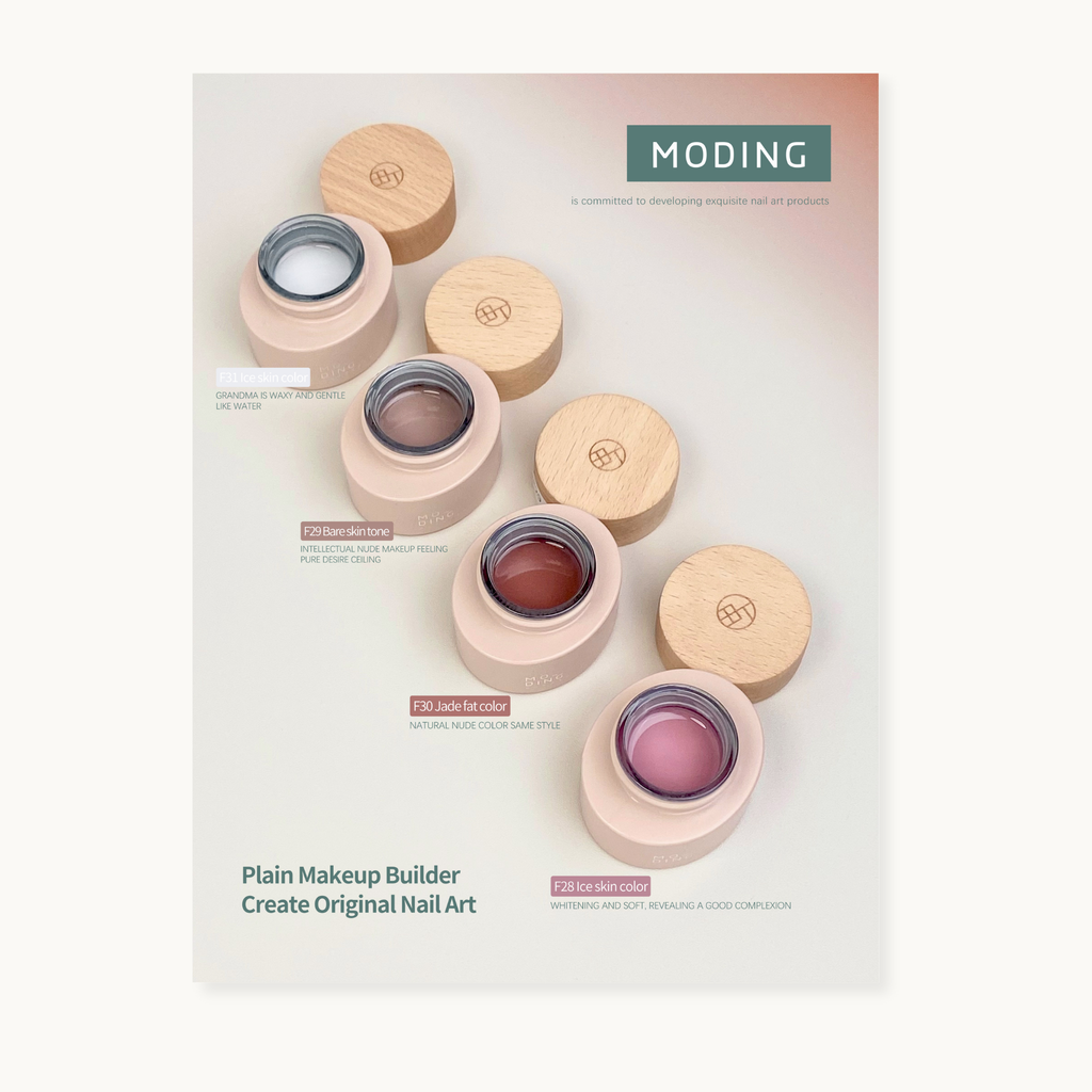 “MODING plain makeup builder gels in nude tones — F28 Ice Skin Color, F29 Bare Skin Tone, F30 Jade Fat Color, F31 Ice Skin Color — displayed with wooden lids and minimalist packaging, promoting original nail art creation.”