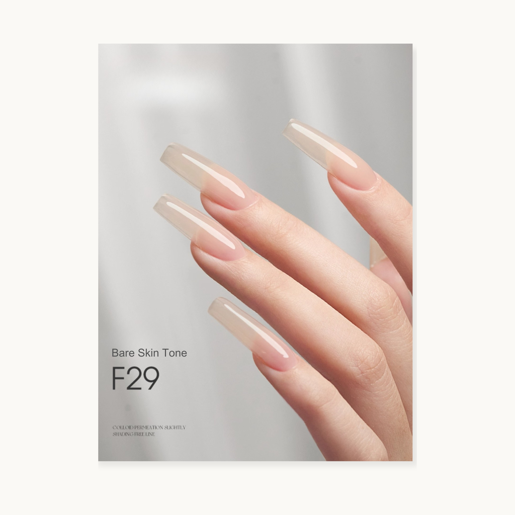 Hand with pink nail polish by MODING Nude Overlay Gel – F29 bare Skin toneon a white background