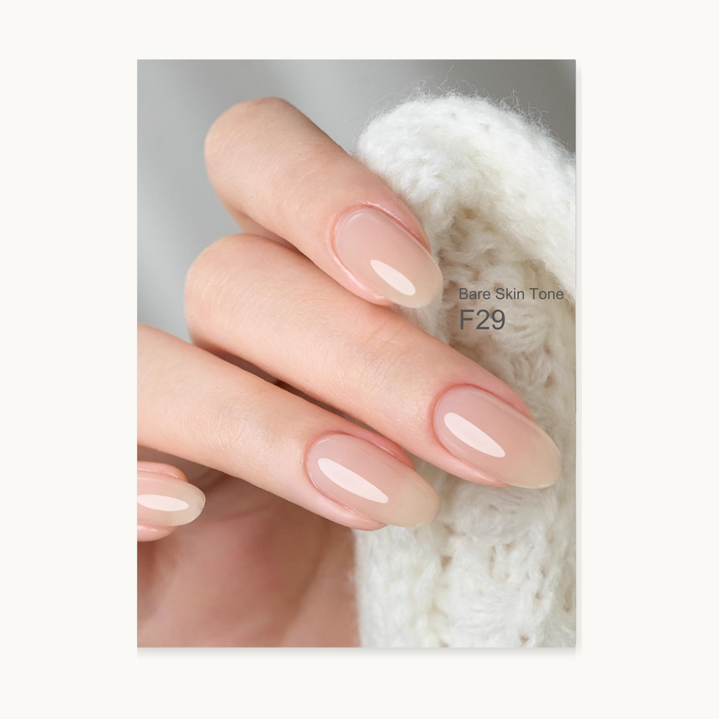Nail color swatch with 'bare skin tone F29' on a white background