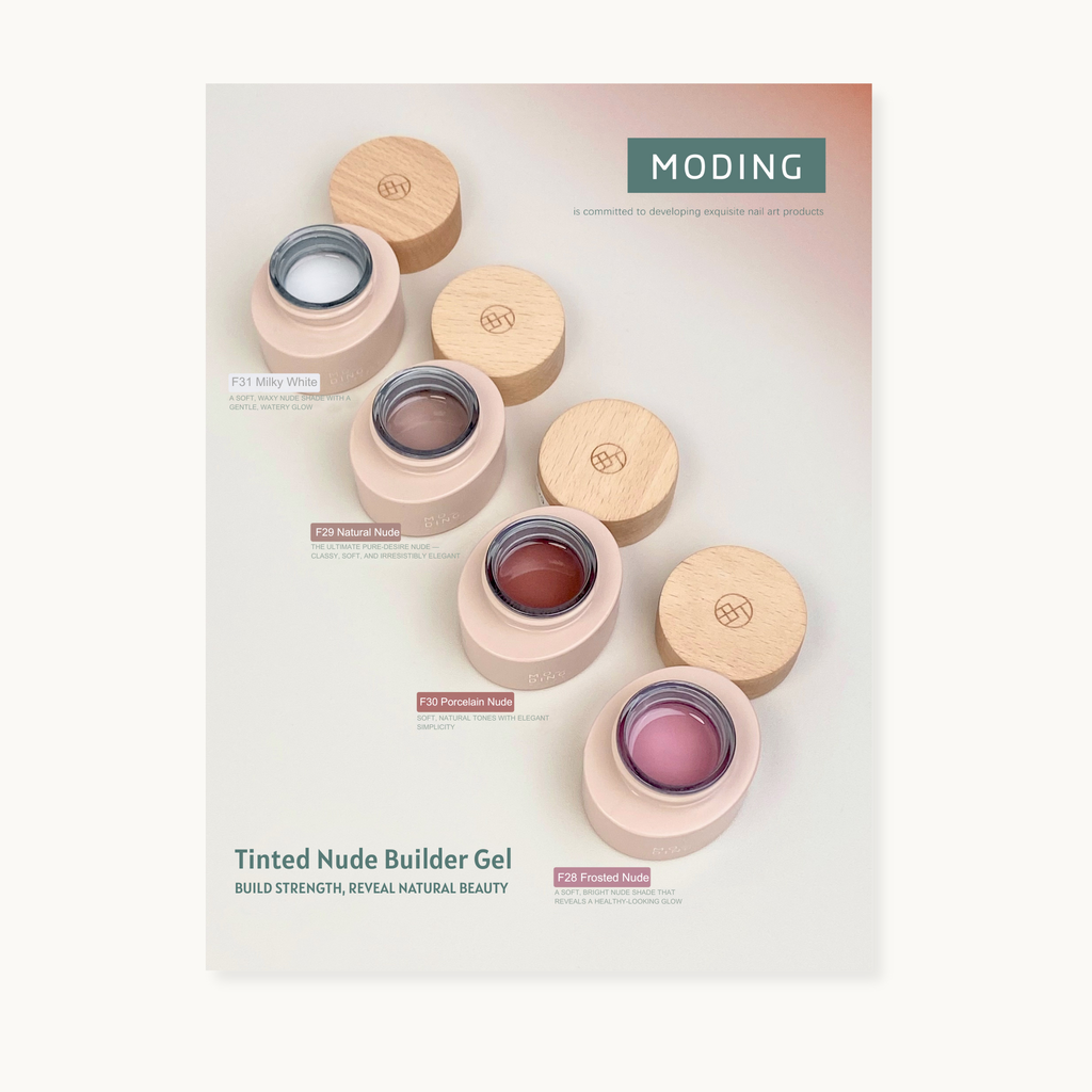 Collection of moding tinted nude builder gels show all the serise colors and description with a white background