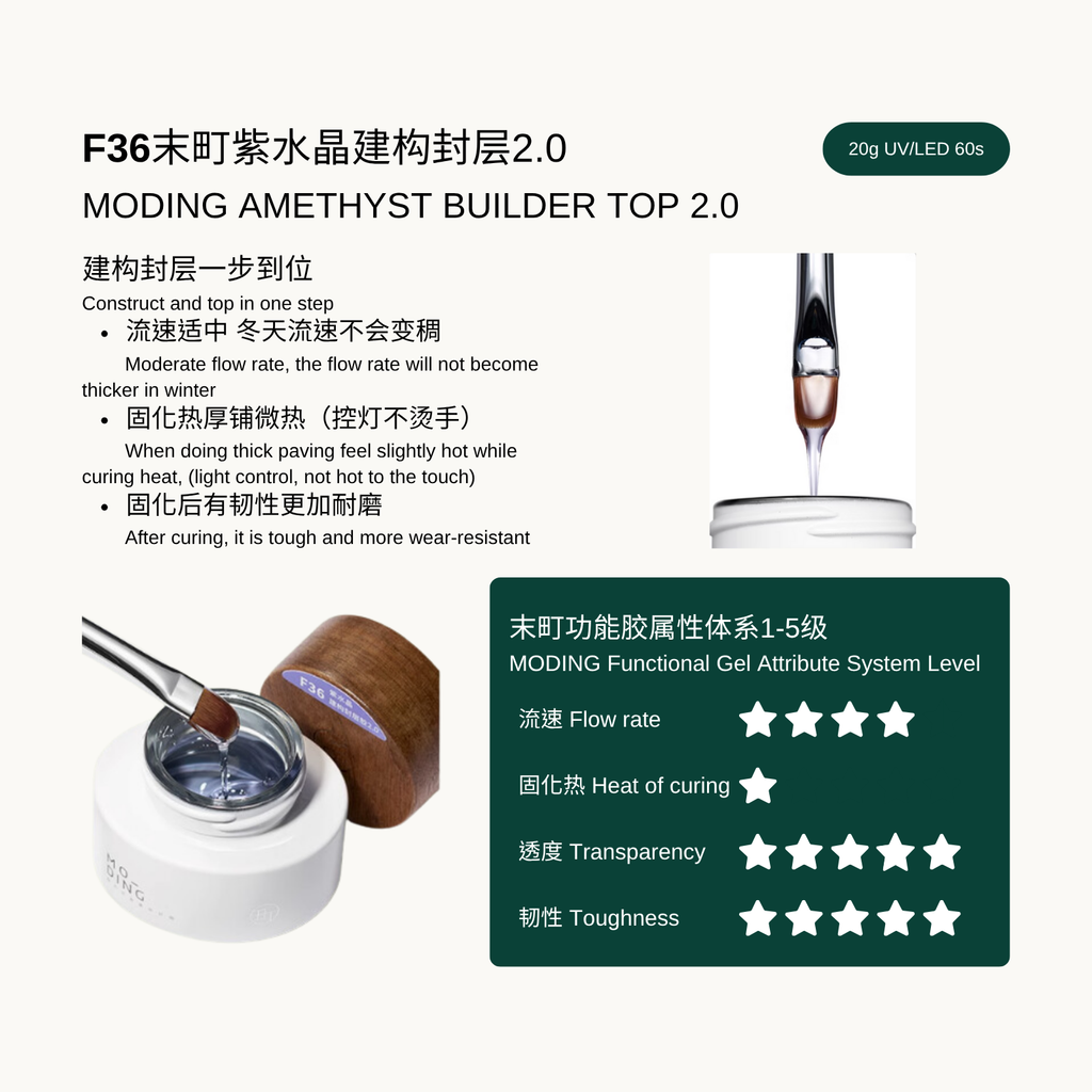 MODING Amethyst Builder Top 2.0 is a 2-in-1 builder and top gel designed for effortless application—build and seal in one step.</p>
<p>Features a moderate flow rate that remains consistent even in colder temperatures, ensuring a smooth and controllable application every season.</p>
<p>After curing, it forms a tough, elastic, and wear-resistant finish for long-lasting shine and protection.</p>
<p>❤ Perfect for salon professionals and advanced nail artists seeking a durable, glossy, and efficient all-in-one g