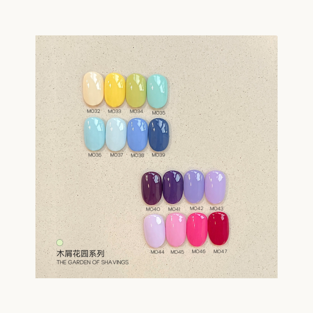 MODING Garden of Shavings 16-color pastel and vibrant gel polish collection chart