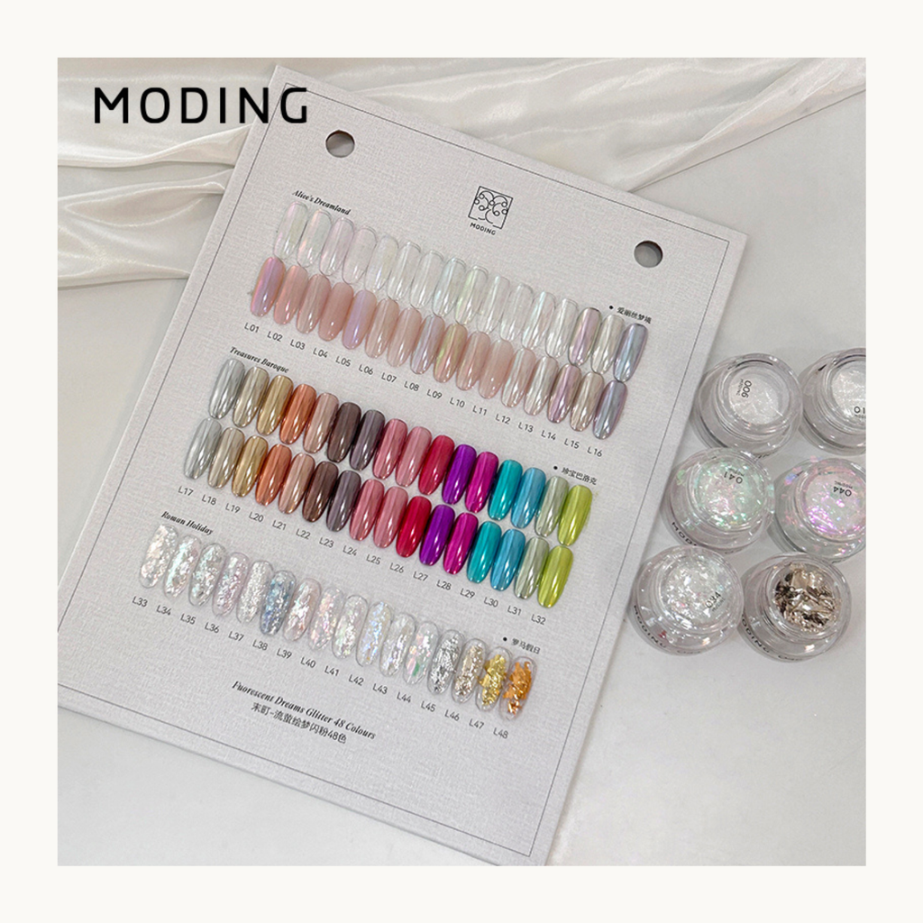 MODING Glowdream nail art effect powder including chrome, aurora, opal and foil textures.
