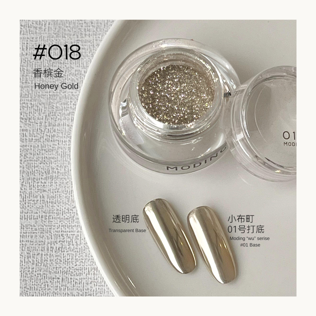 MODING Glowdream nail art effect powder including chrome, aurora, opal and foil textures.
