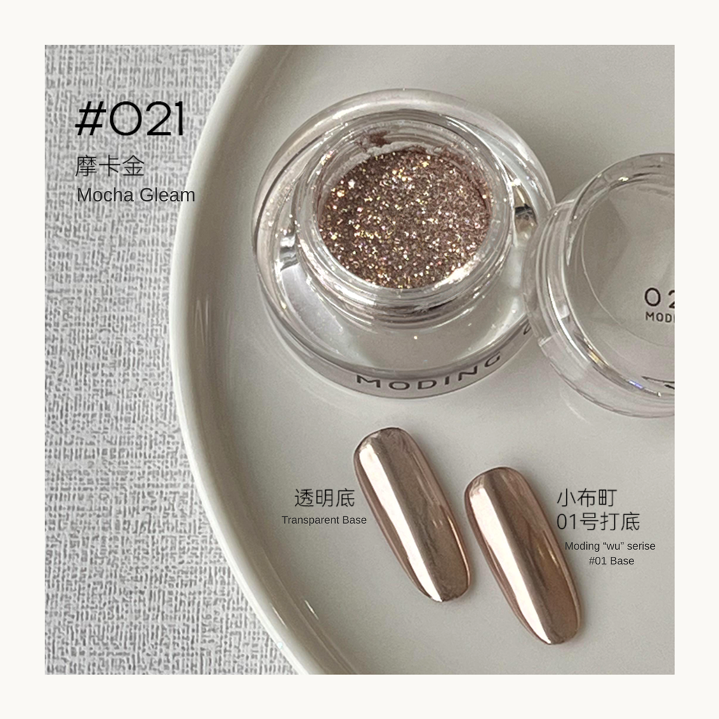 MODING Glowdream nail art effect powder including chrome, aurora, opal and foil textures.
