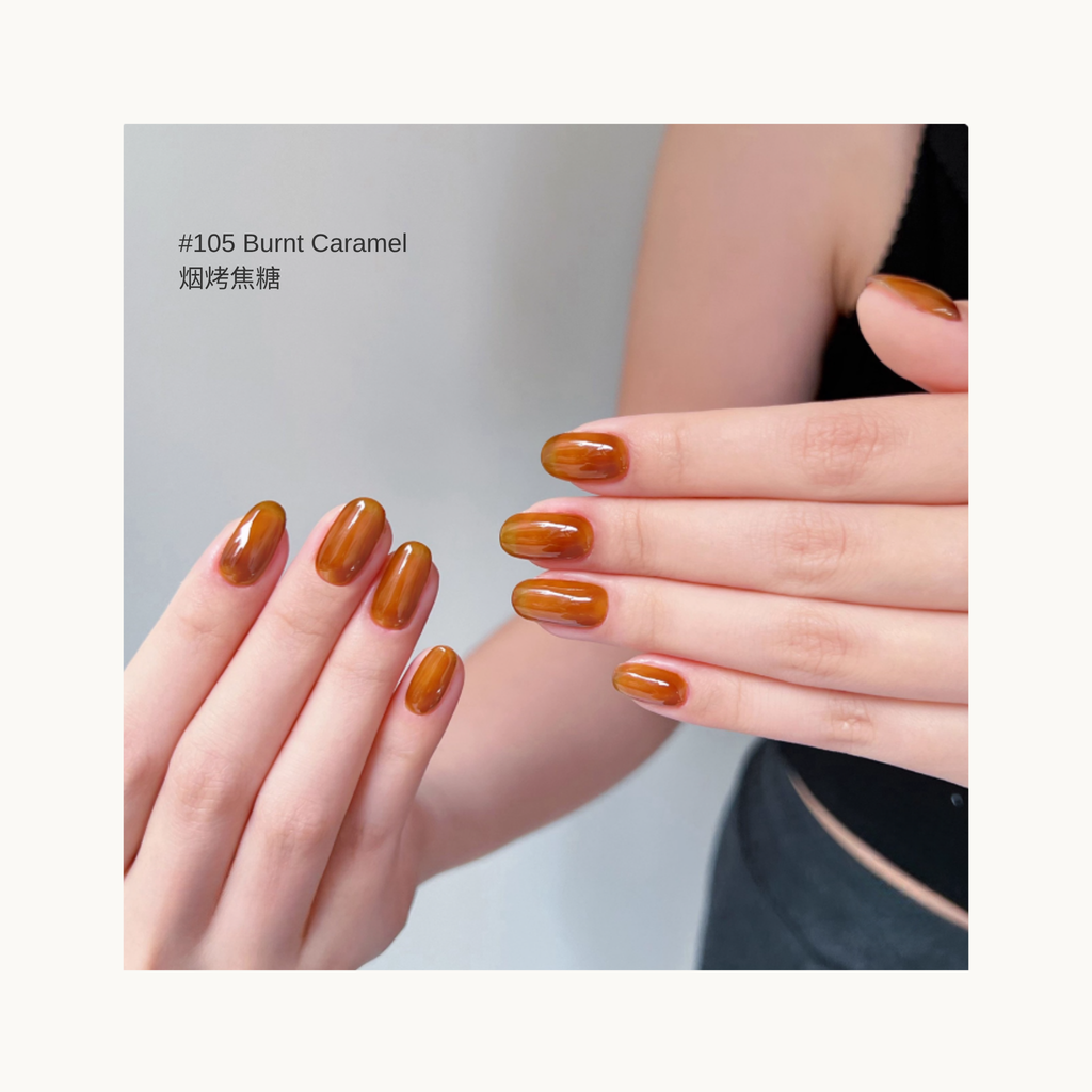 MODING M105 Burnt Caramel rich caramel-brown translucent gel polish swatch