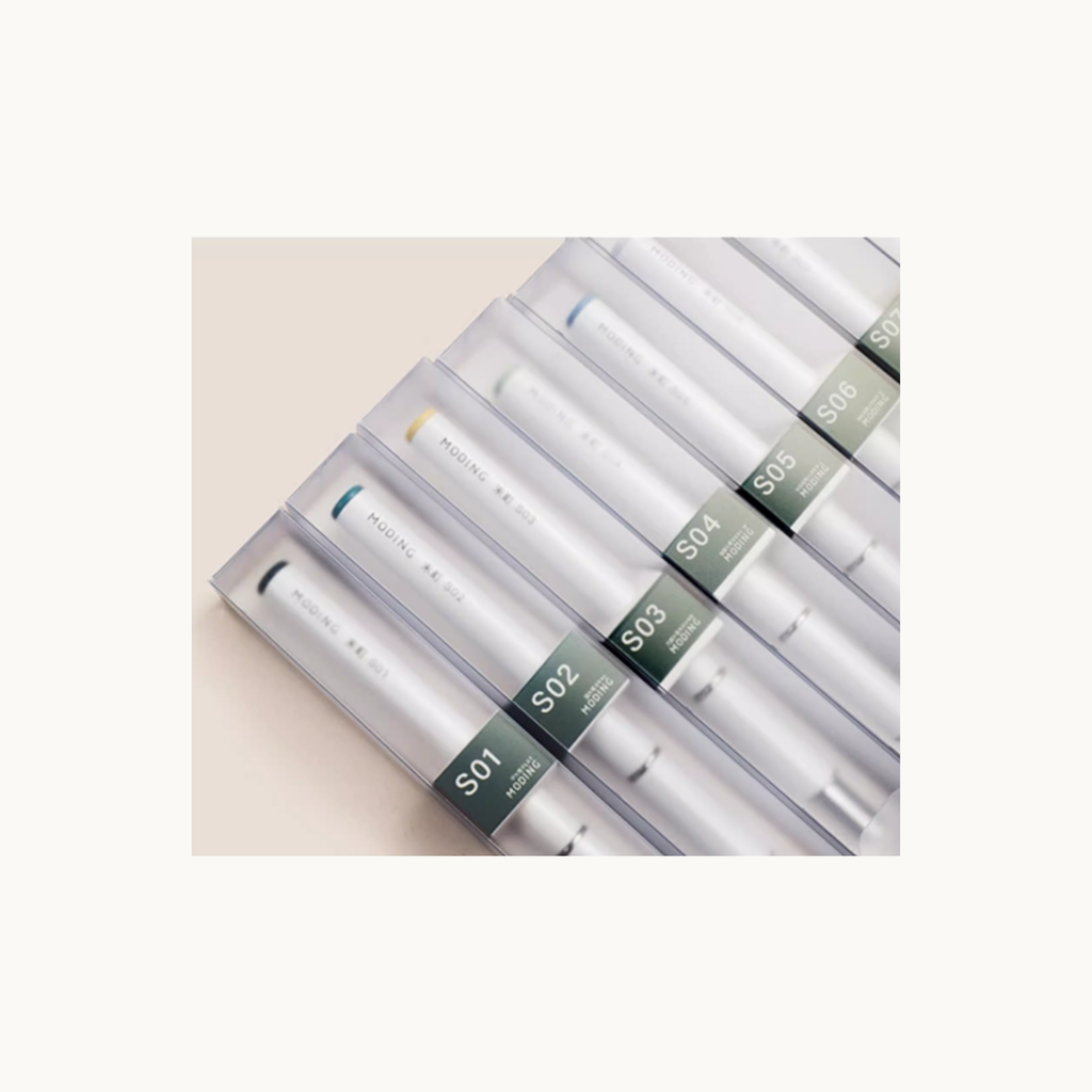 MODING nail art brush series S01 to S06 displayed in transparent packaging