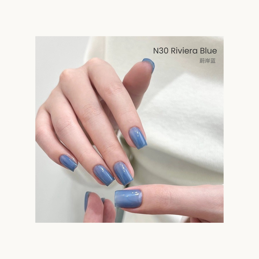 The HEMA-free,TPO-free,and TMPTA-free gel brand Moding South of France Vacation Collection Cool pastel blue and green nail gel shades from Moding French Collection.