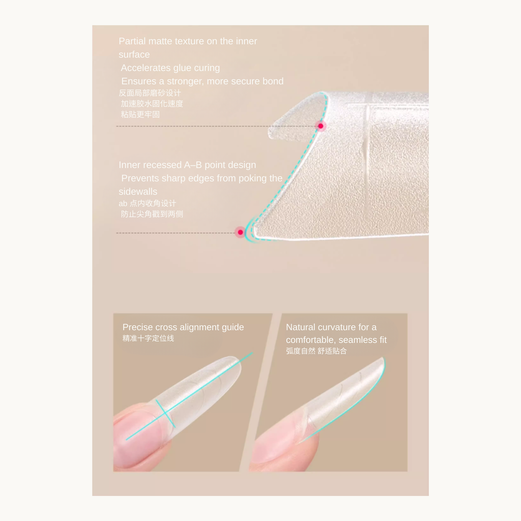 Structural details of MODING nail tips showing matte inner base and recessed AB point design