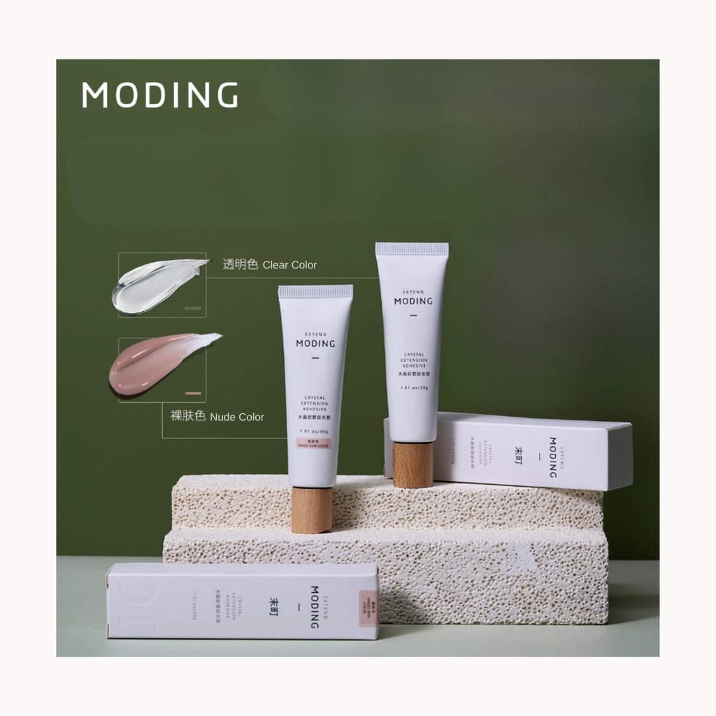 MODING poly gel extension tubes displayed with clear and nude colors for nail extension and structure.