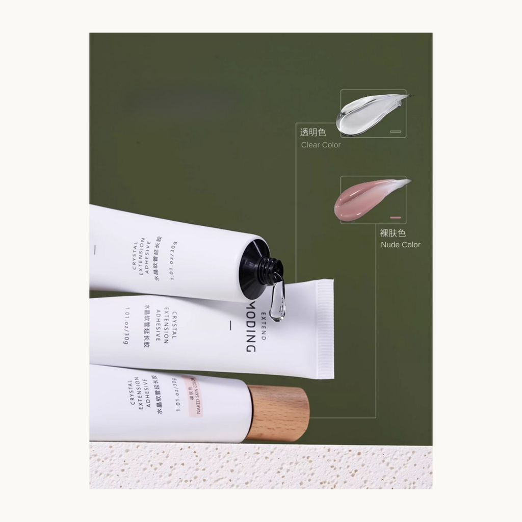 MODING poly gel being squeezed from the tube demonstrating its thick, non-runny formula.