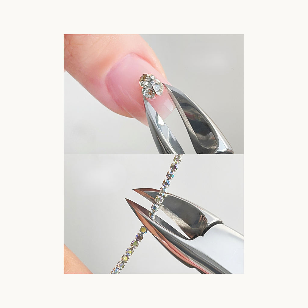 MODING nail art rhinestone nipper demonstrating picking gems and cutting rhinestone chains