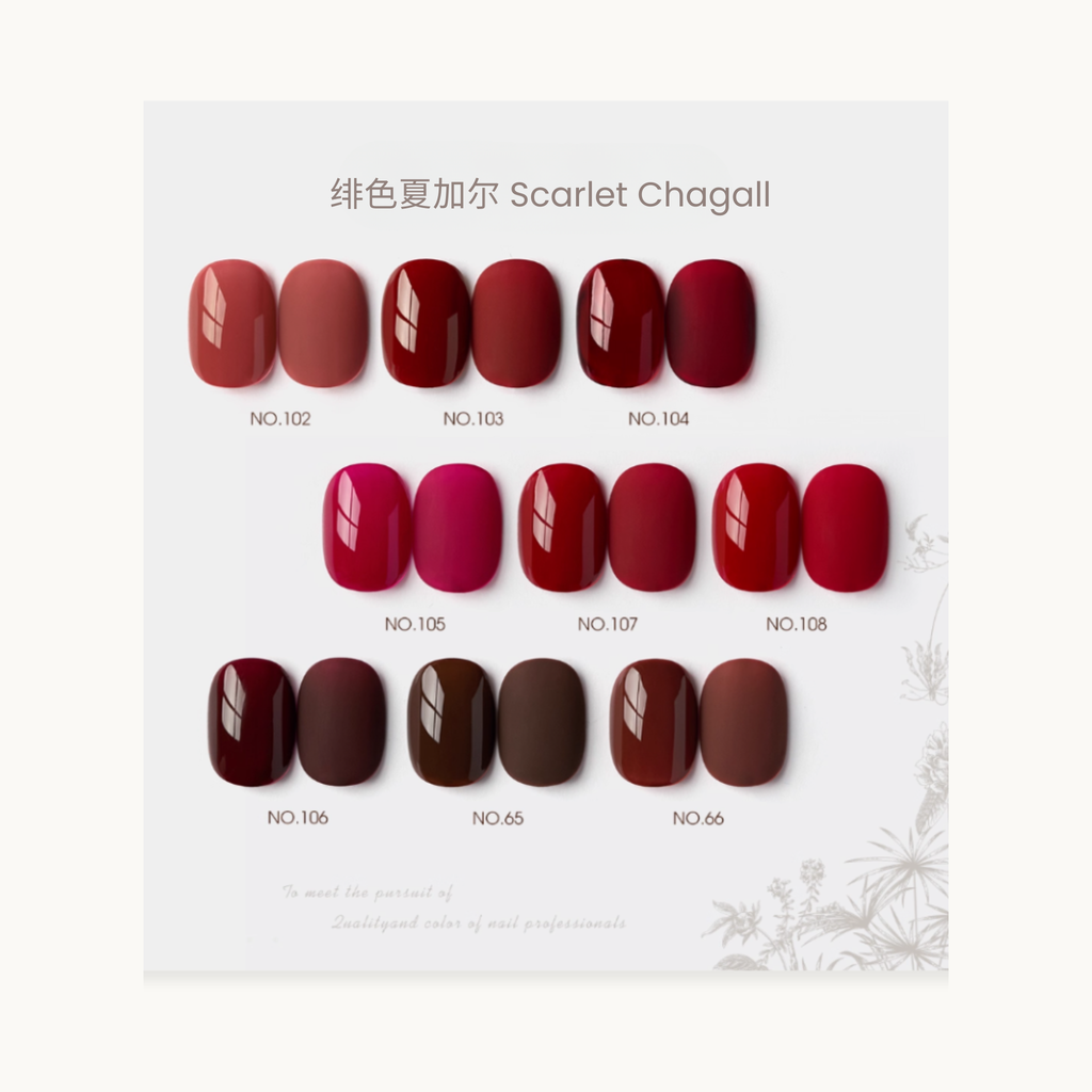 0-additive formula MODING “WÚ 無” Scarlet Chagall 9-Color Nail Swatches, rich red tones from crimson to burgundy, inspired by Chagall’s art — elegant, confident, and timeless for fall-winter manicures.