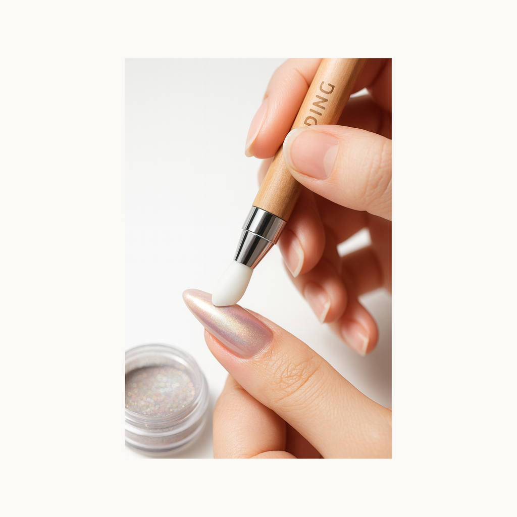 MODING silicone nail art pen rubbing chrome powder on a finished nail surface