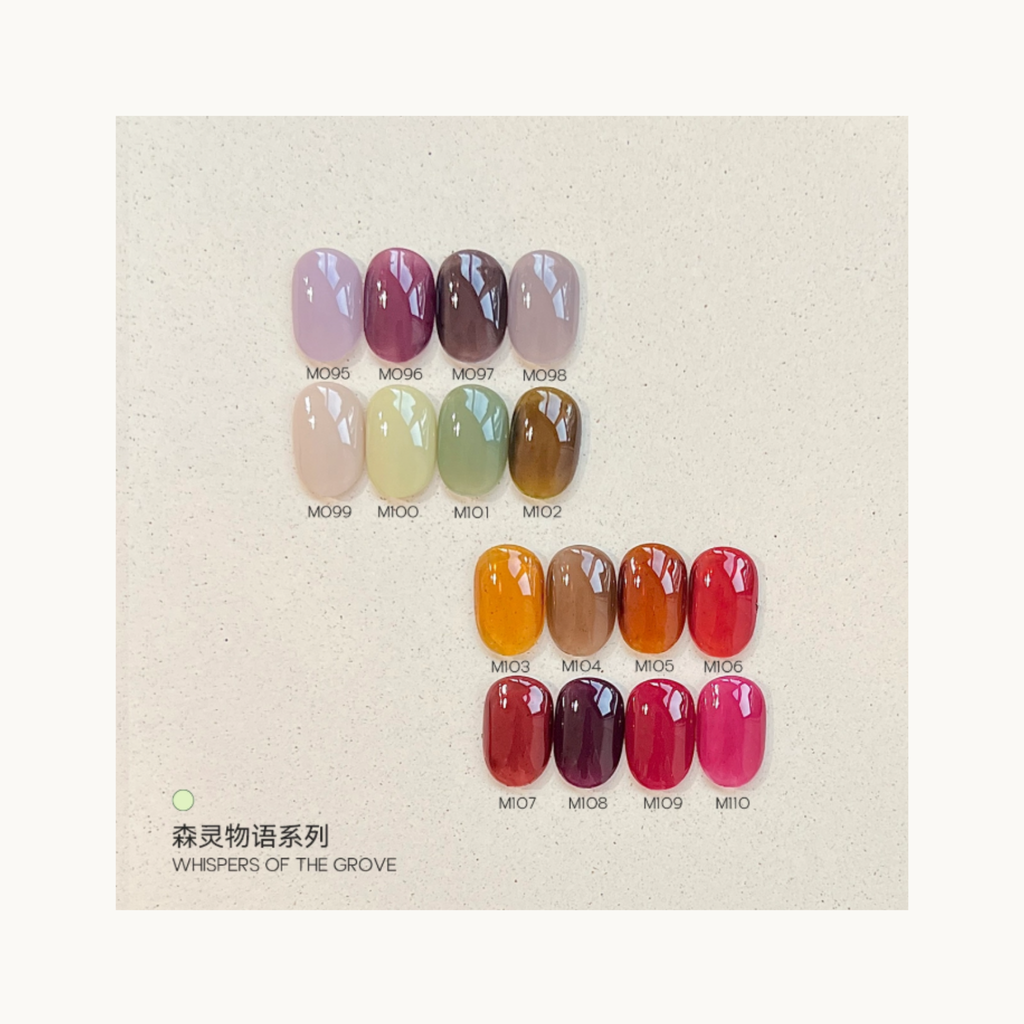 MODING Whispers of the Grove 16-color sheer forest-inspired gel polish collection display chart