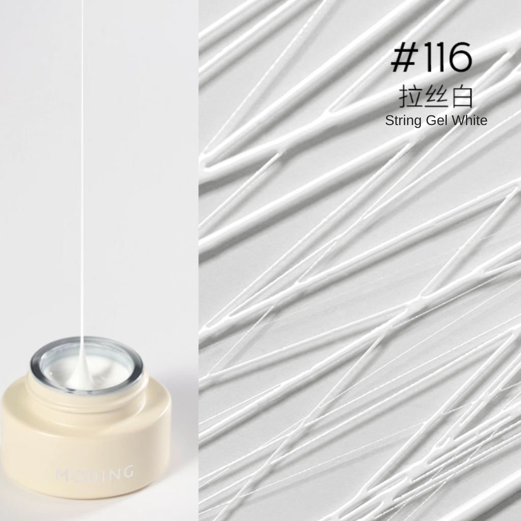 Close-up of moding #116 Silky White Stream nail gel showing white silky thread texture for nail art