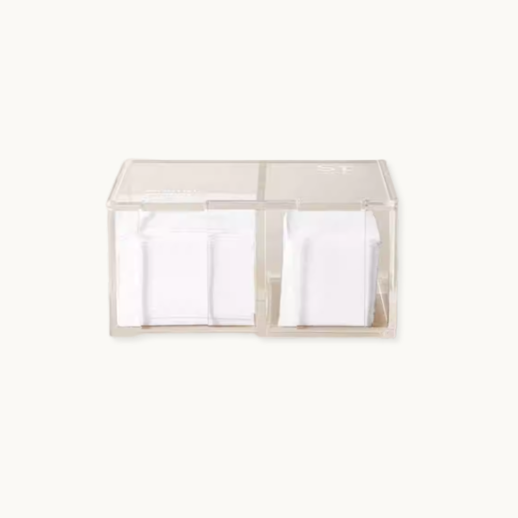 moding acrylic cotton pad organizer with dual compartments for nail salon table storage