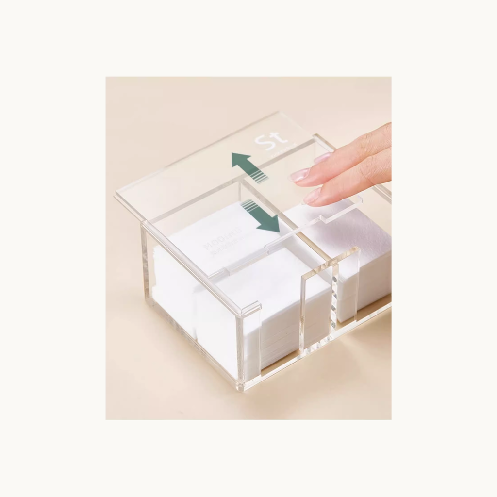 moding clear acrylic cotton pad dispenser with sliding lid for easy one-hand access