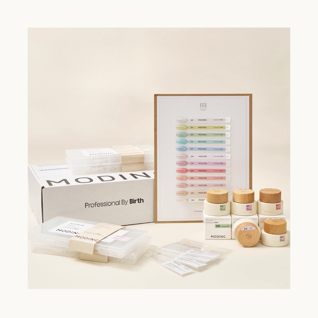 MODING Quick Extension Gel Set Shades 13–24 displayed with swatch board, gel pots, and nail mold tools in a soft studio setup