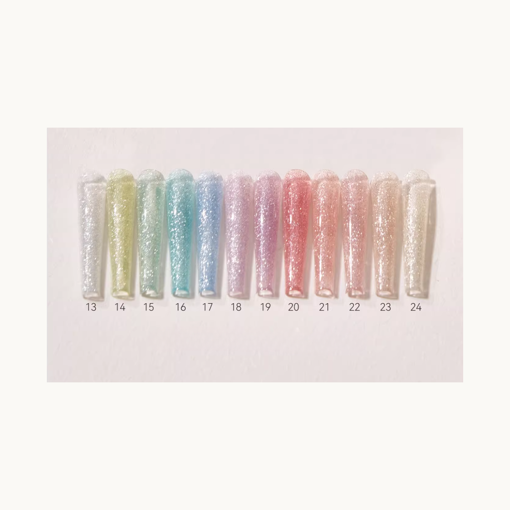 Close-up swatches of MODING Quick Extension Gel Shades 13–24 in shimmering pastel colors arranged in order