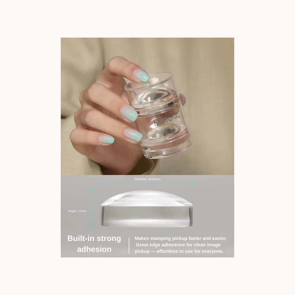 Model holding MR NAIL clear silicone nail stamper for easy nail art transfer demonstration
