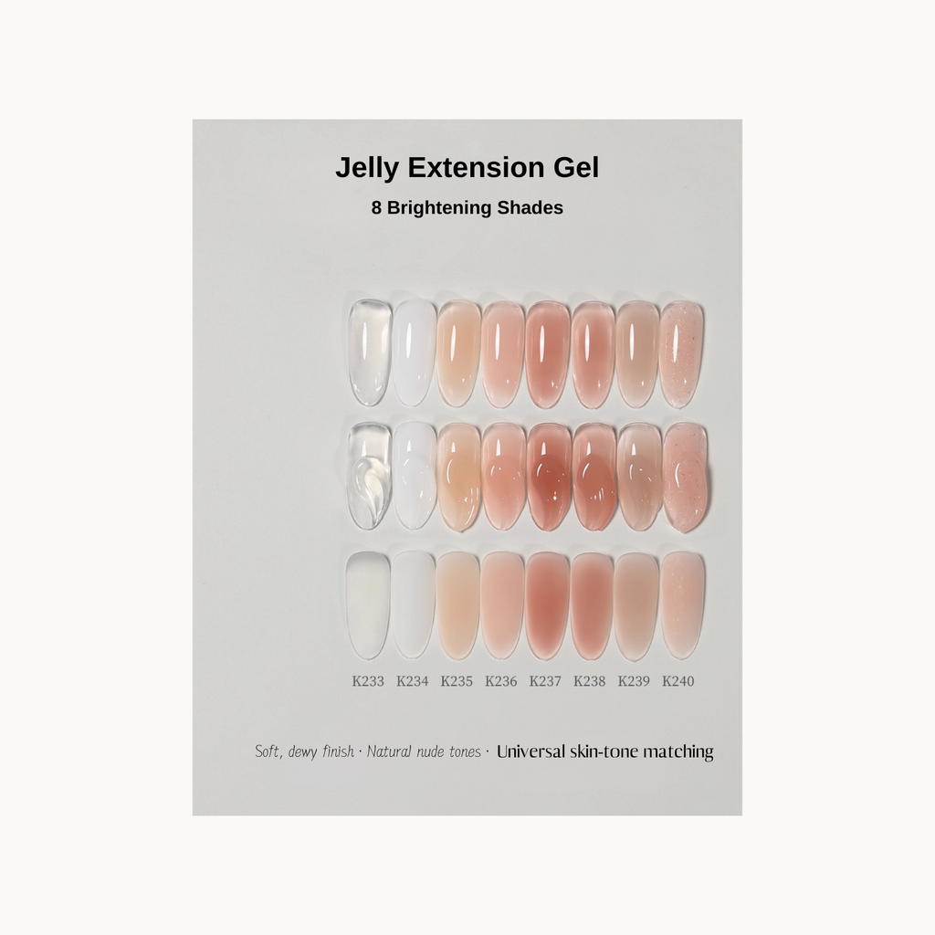 Swatches of 8 nude jelly extension gel shades from MR NAIL