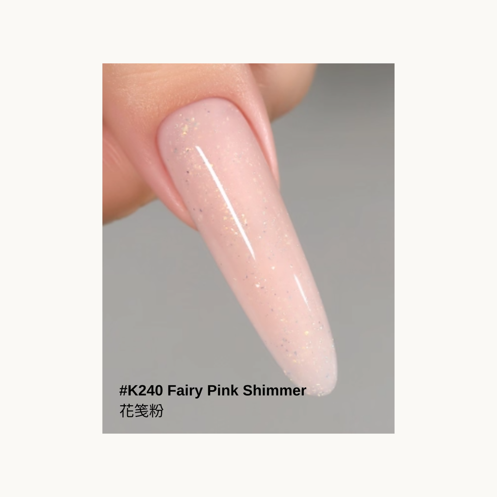 Fairy pink shimmer jelly extension gel swatch K240 – translucent pink builder gel with fine sparkle for glam nails