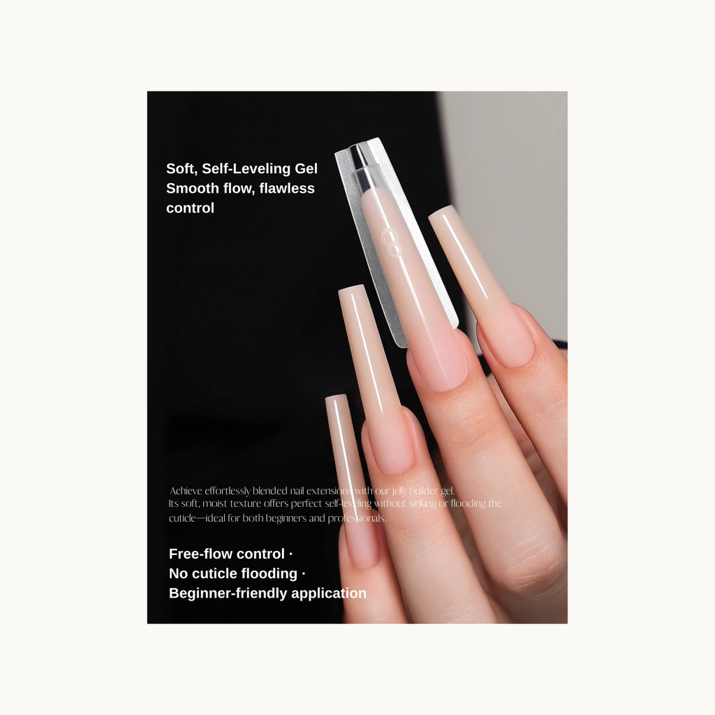 Soft, natural-looking long nail extensions created with MR NAIL jelly extension gel