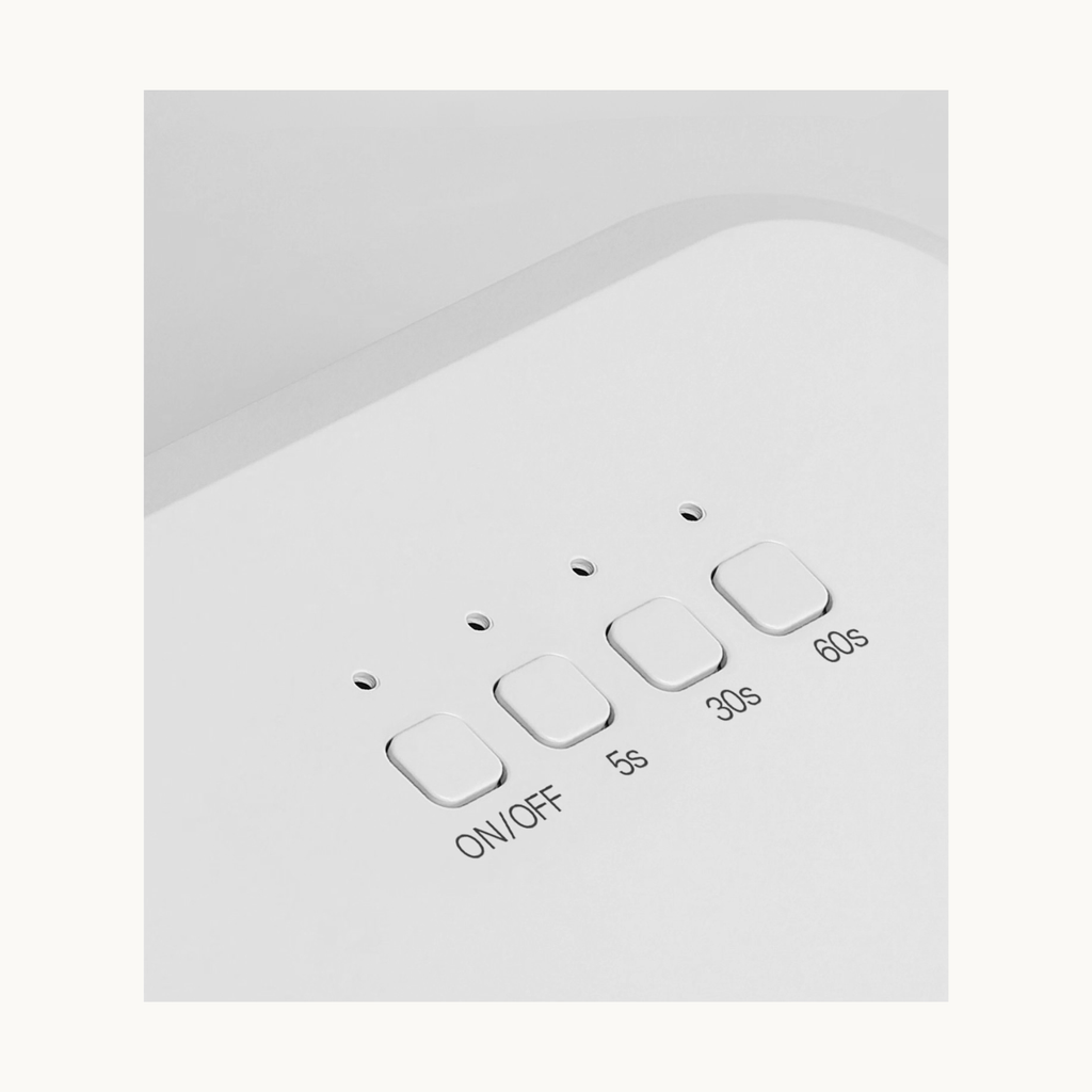 Close-up view of MR NAIL UV/LED nail lamp showing ON/OFF, 5s, 30s, and 60s timer buttons
