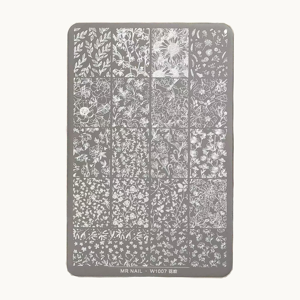 MR NAIL W1007 floral nail stamping plate with detailed botanical and flower patterns for professional nail art
