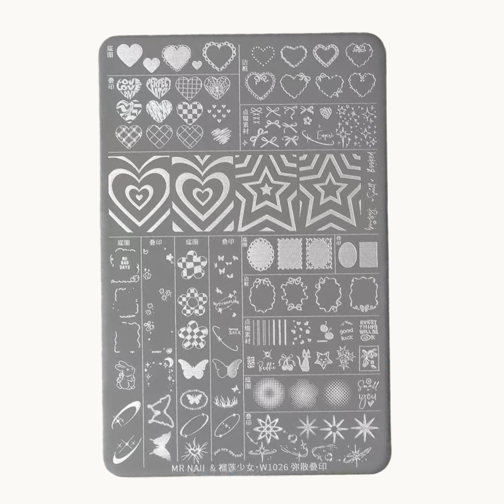 Heart and star mixed-design nail stamping plate W1026 by MR NAIL, showing various hearts, stars, ribbons, frames, butterflies, and pattern motifs.